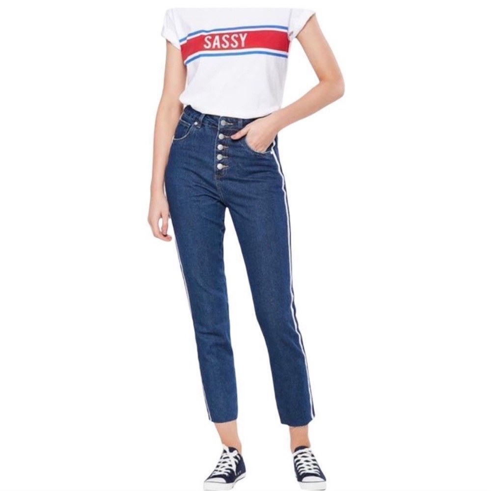 Cotton On “High 90s” Light & Dark Blue Side Leg Stripe Botton Fly Size 6
